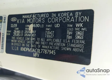 2020 Kia Sportage Lx z USA, uszkodzony, nr VIN KNDPM3AC0L7787945